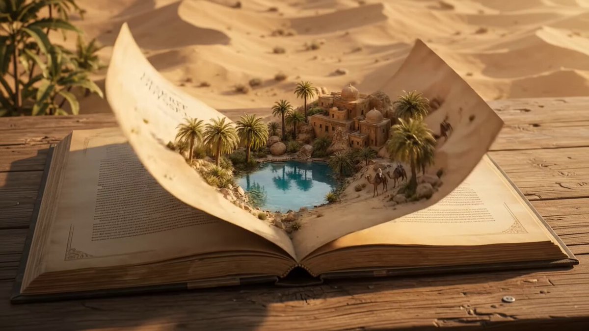 أنيميشن واقعي لمشهد واحة صحراوية مصغّرة