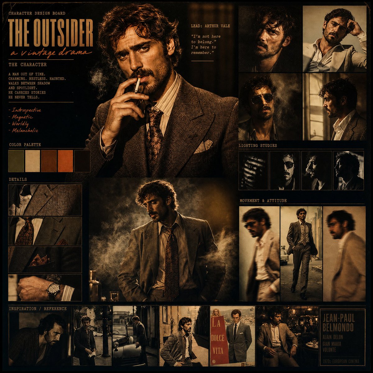 Create a cinematic character design board for a vintage-insp