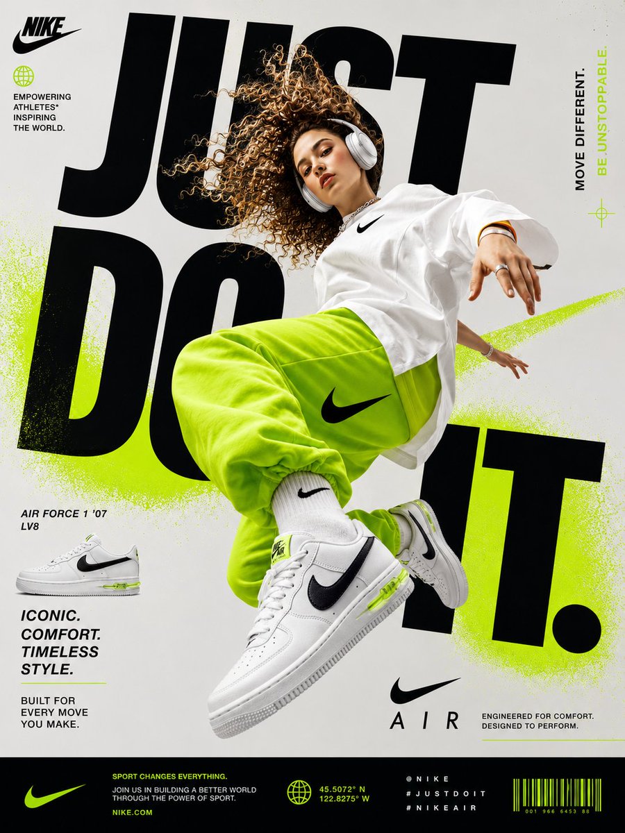 Generate a perfectly graphic designed poster of Nike Shoe ad