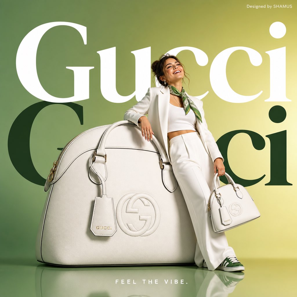 Minimalist commercial ad featuring oversized white GUCCI han