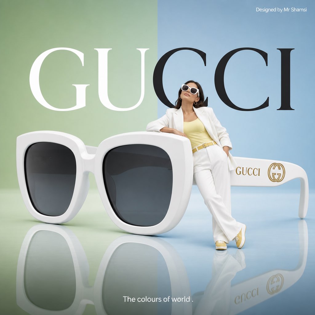 বড় আকারের সাদা GUCCI সানগ্লাসসহ মিনিমালিস্ট বাণিজ্যিক বিজ্ঞাপন