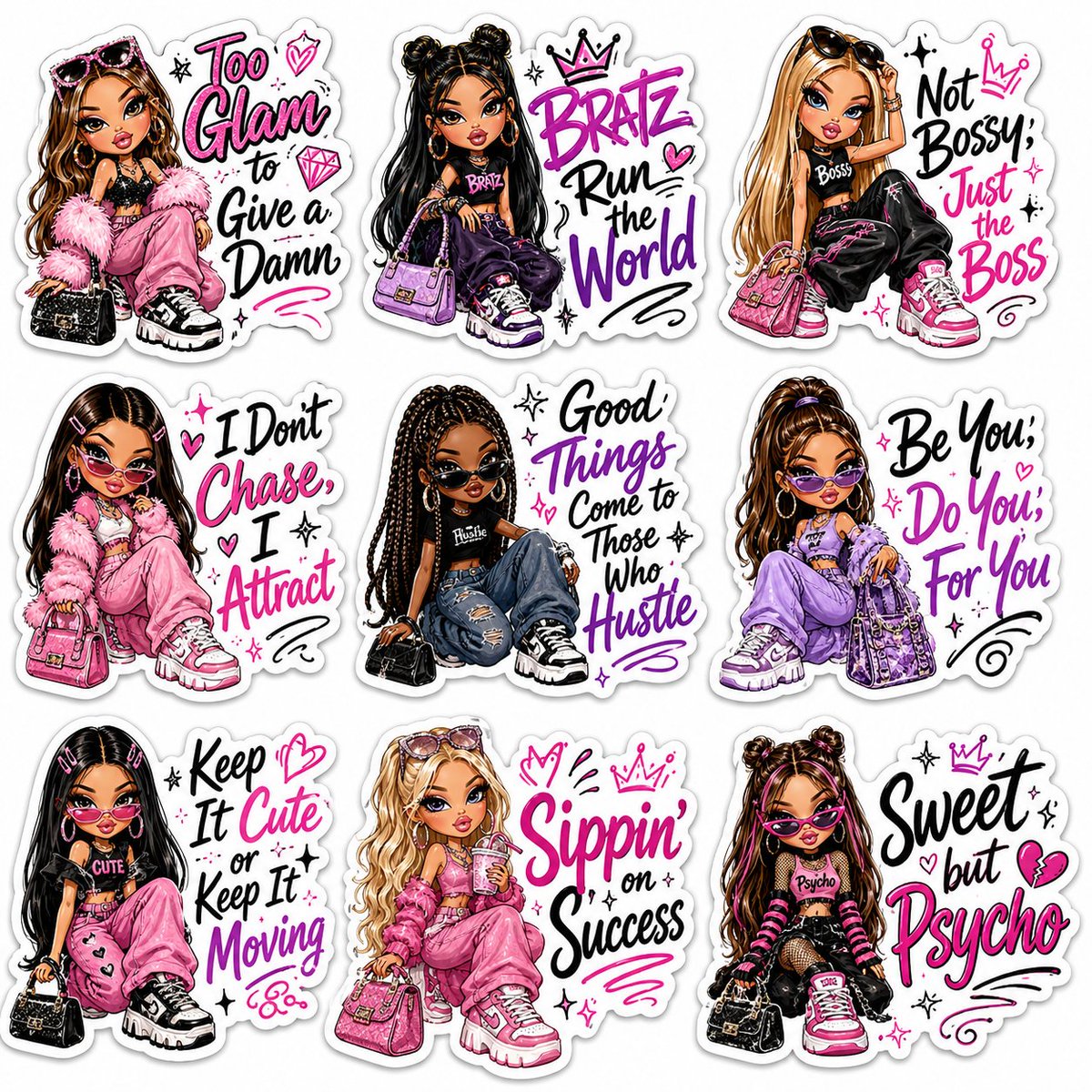 A premium sticker sheet featuring 9 Bratz-inspired fashion d