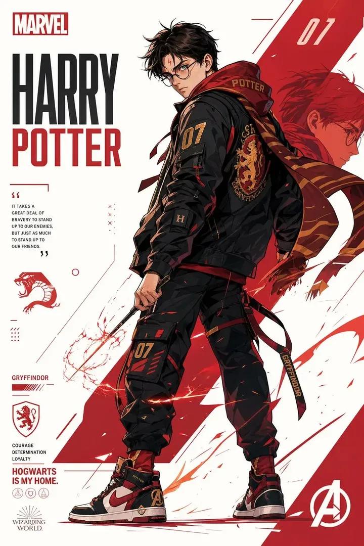 Marvel-style superhero poster of Harry Potter, anime/manga a