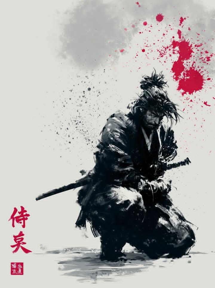 Traditional Japanese sumi-e ink painting, lone samurai warri