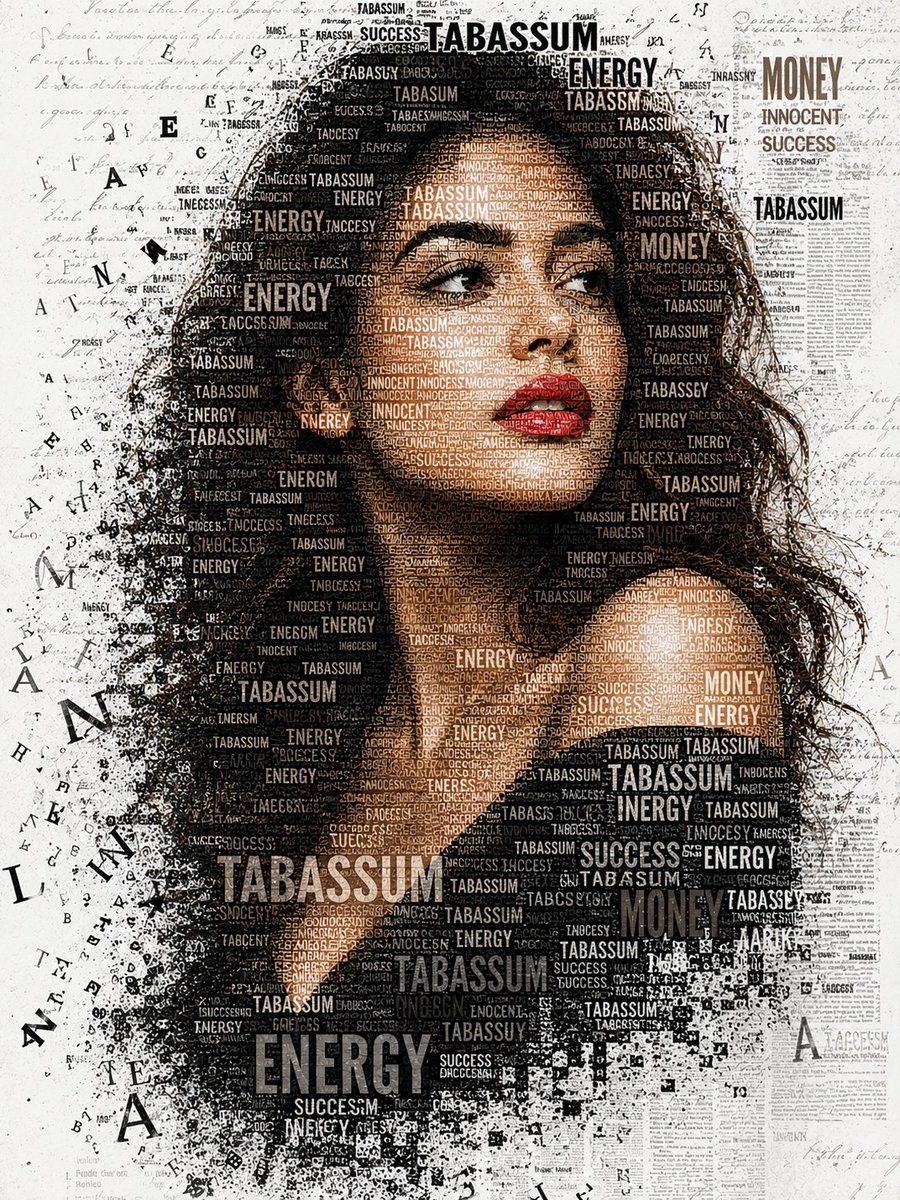 Prompt;-
A striking typographic portrait of a young woman wi