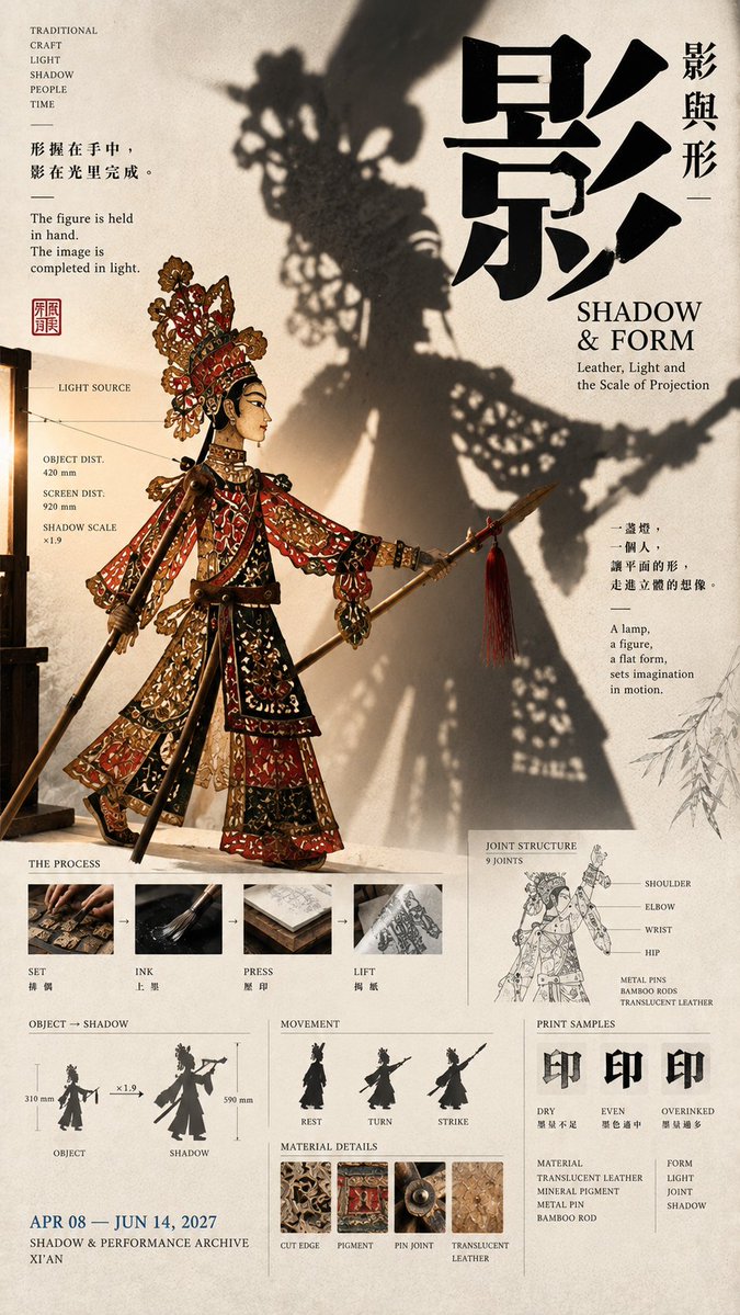 Yetuk East Asian Editorial Design va muzey plakati estetikasidagi vertikal plakat. Uch hududli nomutanosib kompozitsiya, ulkan xitoycha sarlavha, arxiv ma’lumotlari va fizik o‘zaro ta’sir.