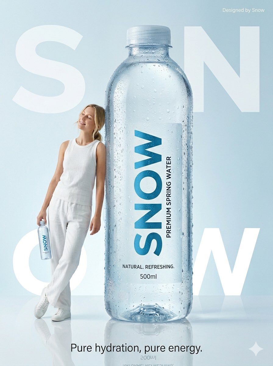 Minimalist commercial ad featuring oversized SNOW Water Bott