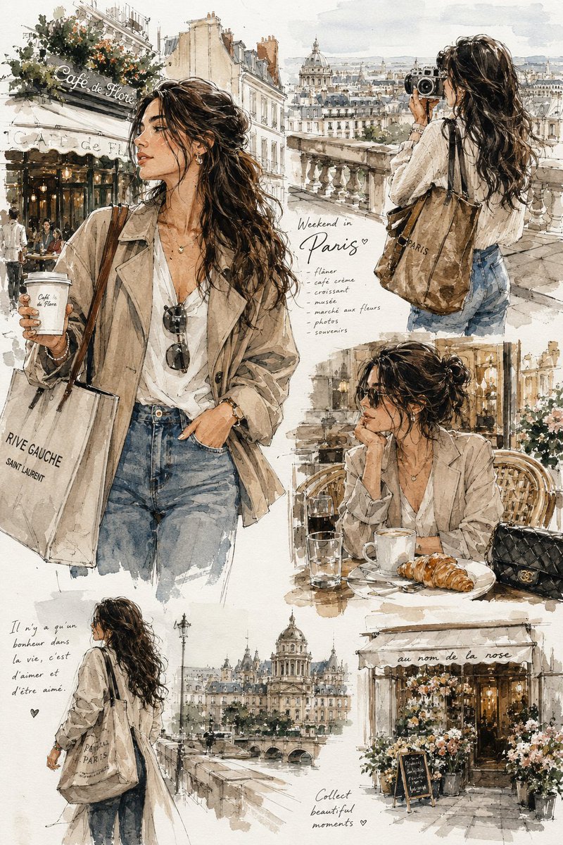 رسم أزياء أنيق بالألوان المائية، يصوّر شابّة عصرية w