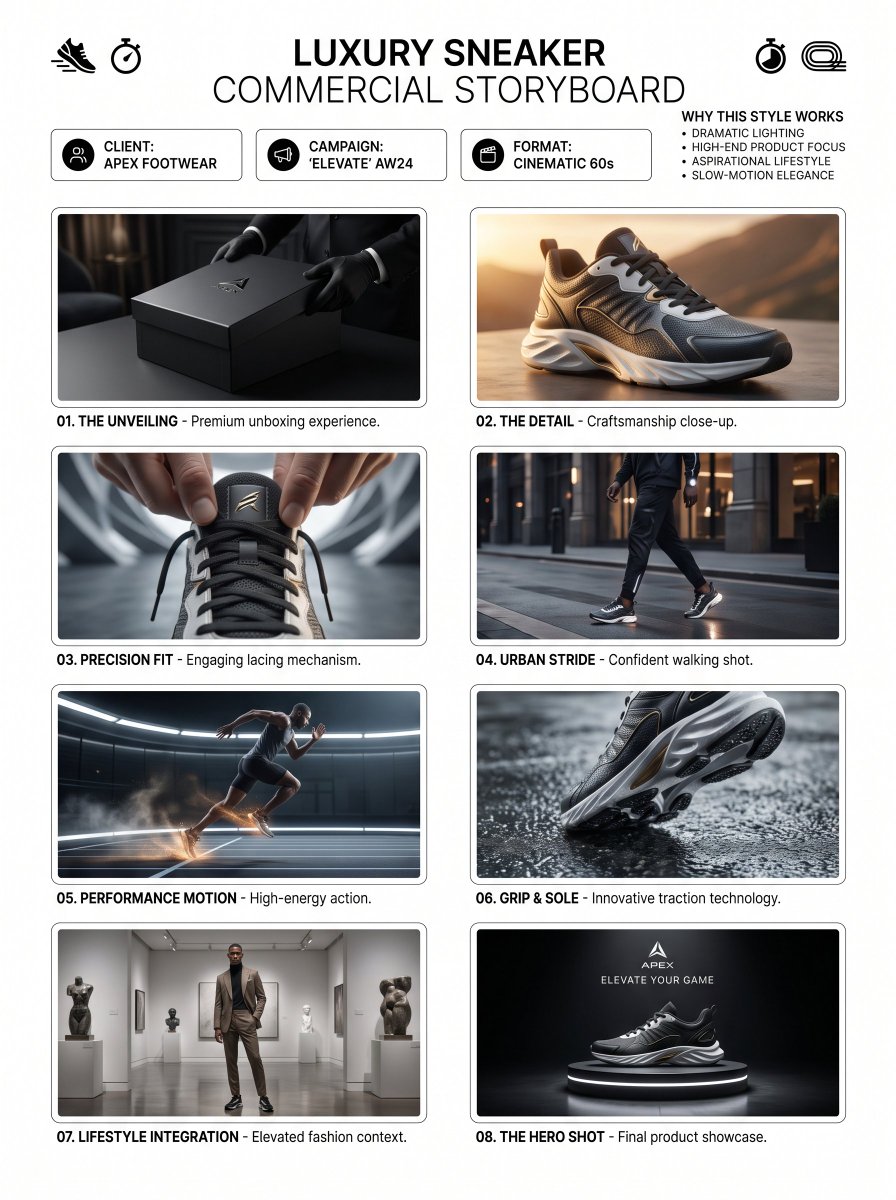 TITLE:
Luxury Sneaker Commercial Storyboard

FORMAT:
• Singl