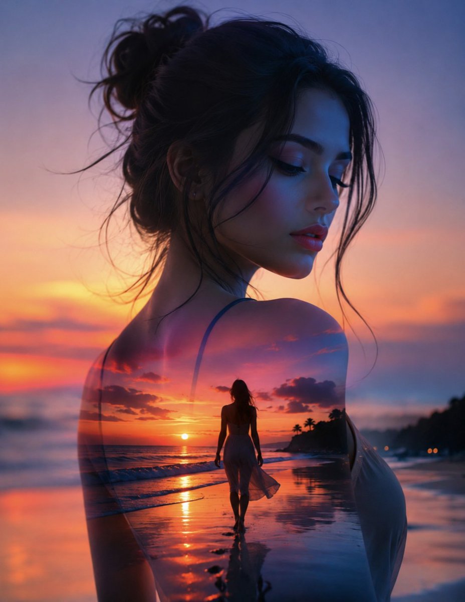 Create a breathtaking double exposure portrait featuring a c