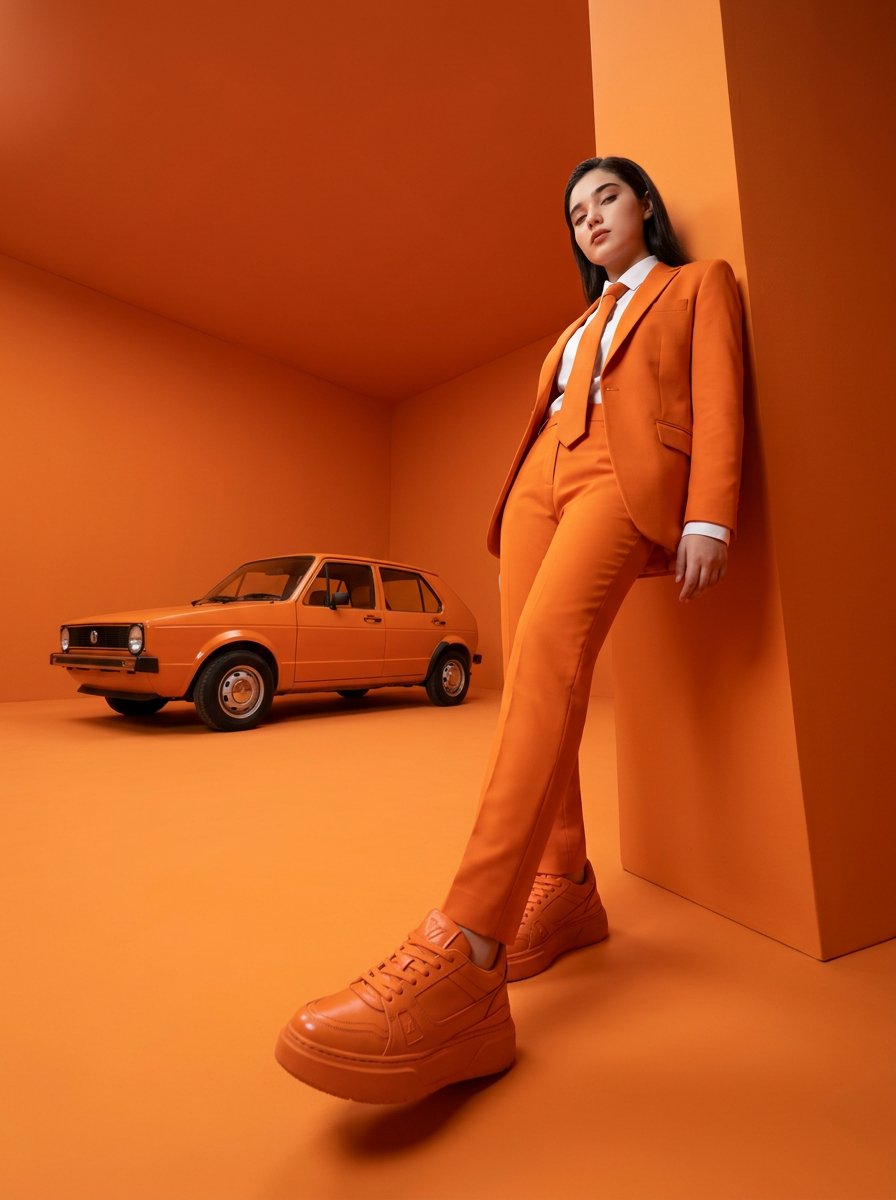 High-fashion editorial photography of a woman with the uploa