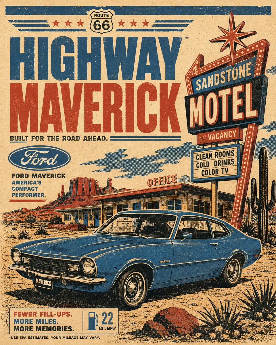 Retro automotive travel poster of a [CAR MODEL] parked or cr