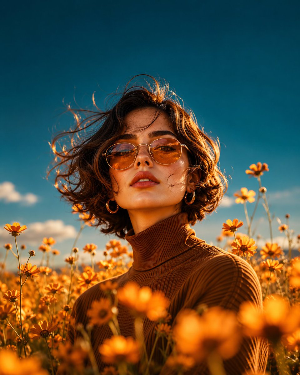 Wide environmental portrait, woman in brown turtleneck stand