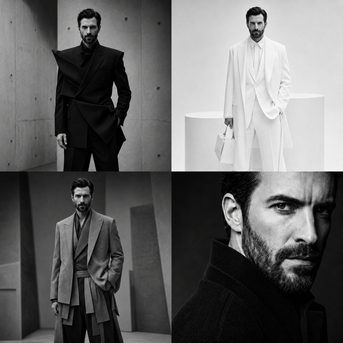 4-panel Vogue magazine grid collage, SAME male model in ever