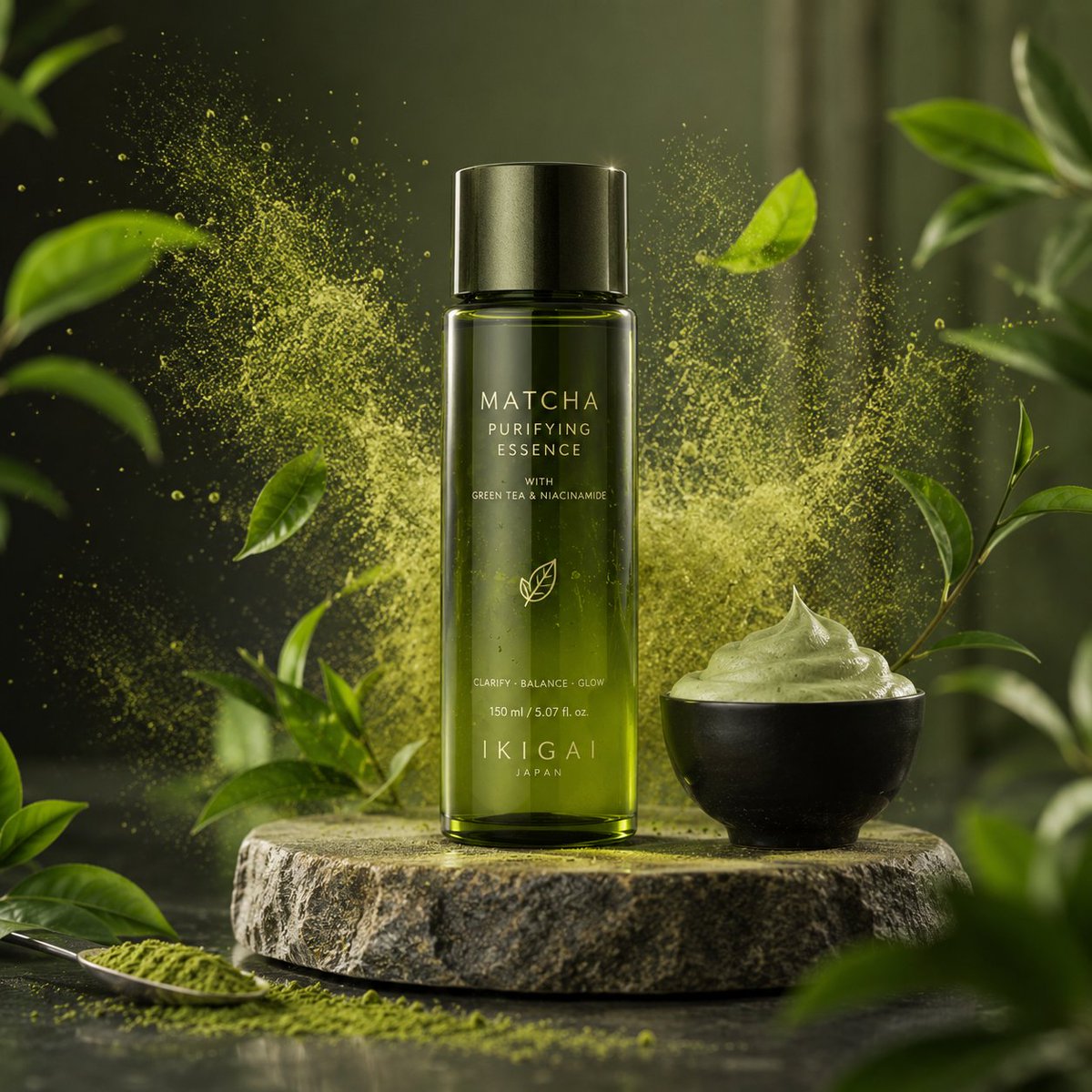Premium green bottle placed on stone podium, surrounded by m