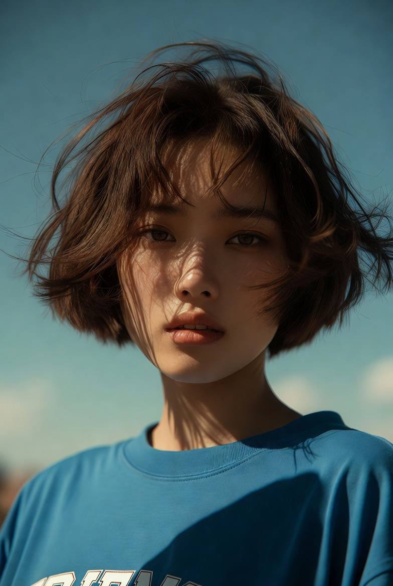Cinematic close-up portrait of a young Asian woman with shor