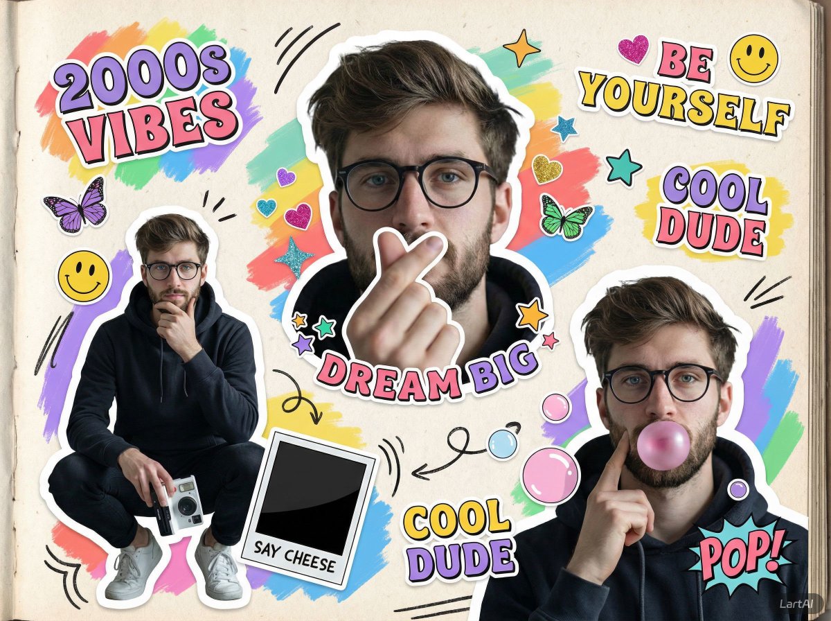 A vibrant 2000s scrapbook-style collage featuring the same y