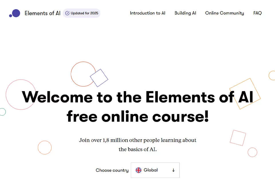 صفحة منصّة دورات الذكاء الاصطناعي Elements of AI