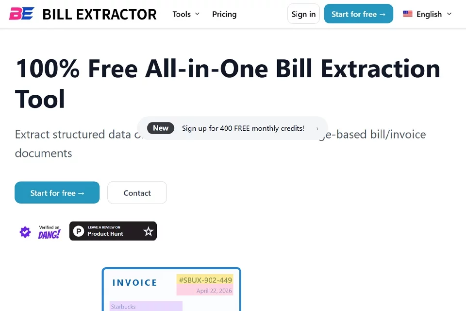 واجهة BillExtractor لاستخراج بيانات الفواتير والمصاريف أونلاين