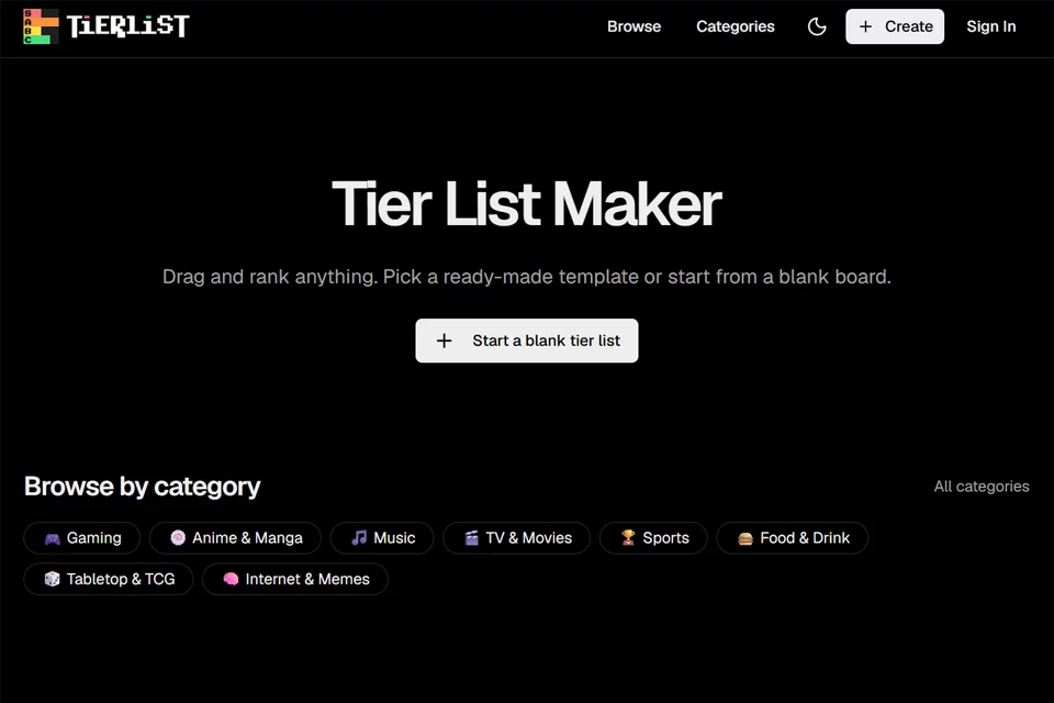 واجهة أداة Tier List Maker لصناعة لوائح التصنيف أونلاين
