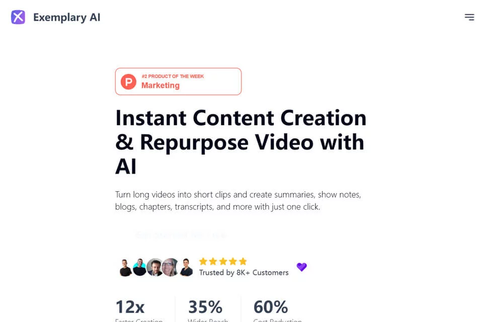 Mfano wa kiolesura cha Exemplary AI kinachochakata sauti na video na kutengeneza nyenzo mbalimbali za maudhui
