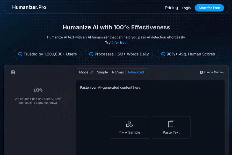 Humanizer Pro টেক্সট পুনর্লিখন টুলের ইন্টারফেসের উদাহরণ