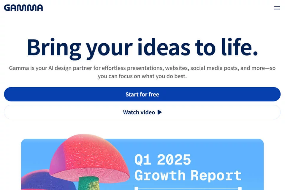 Gamma editing interface for AI-generated presentations and web content