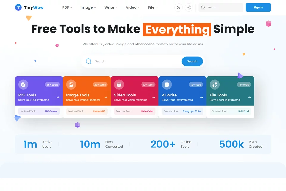 عرض وظائف صندوق أدوات TinyWow الأونلاين