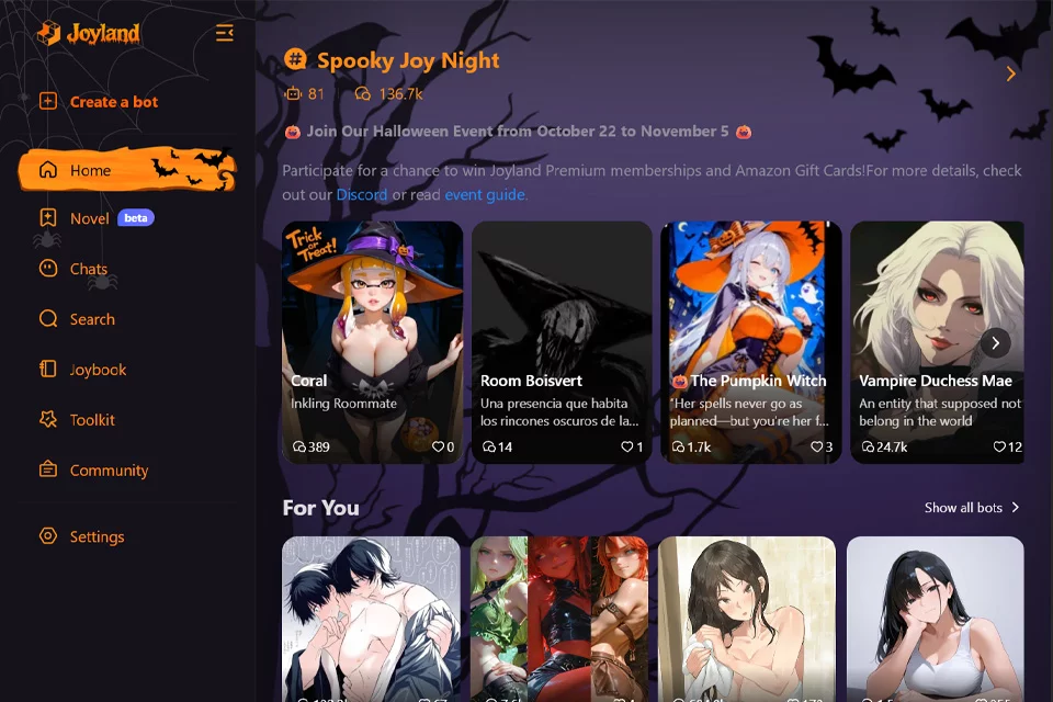 Joyland virtual qahramonlar bilan suhbat va matnli sarguzasht interfeysi namunasi