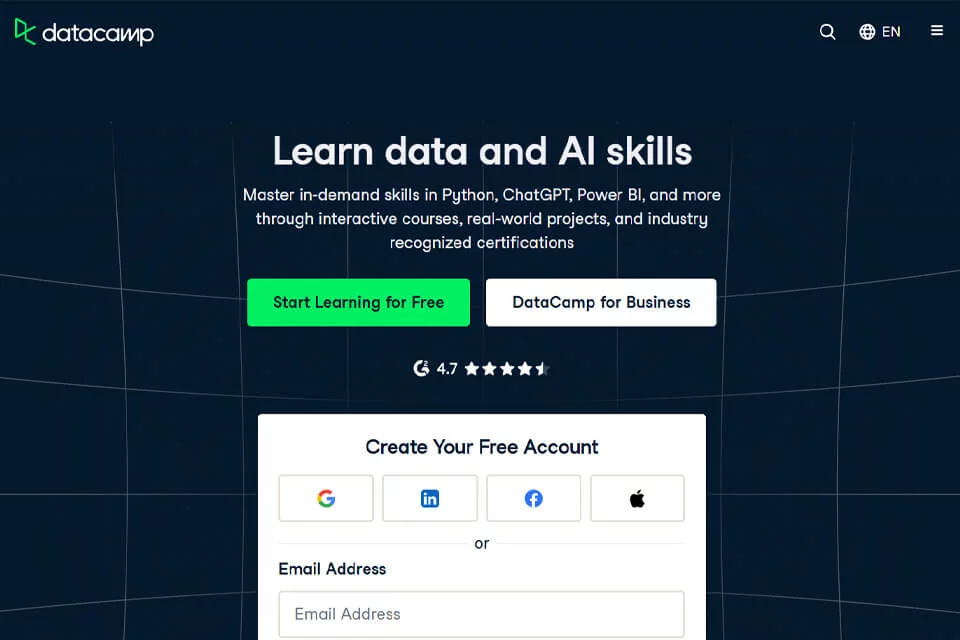 DataCamp-এর ডেটা সায়েন্স ও কৃত্রিম বুদ্ধিমত্তার অনলাইন লার্নিং ইন্টারফেস