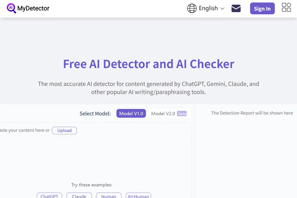 MyDetector AI متن کی شناخت کی رپورٹ کا انٹرفیس