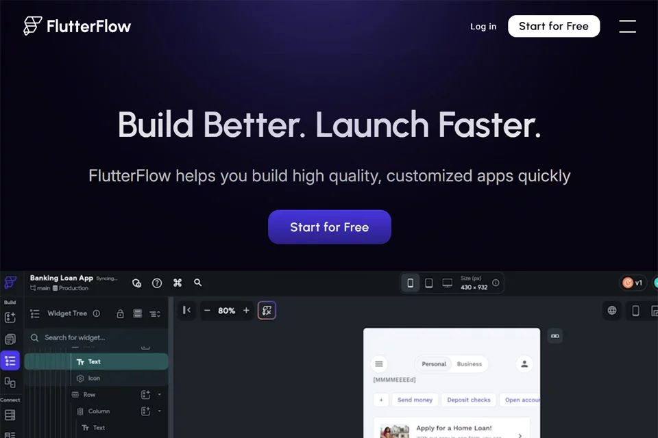FlutterFlow AI Gen کے لو کوڈ ایپ ڈویلپمنٹ انٹرفیس کا نمونہ