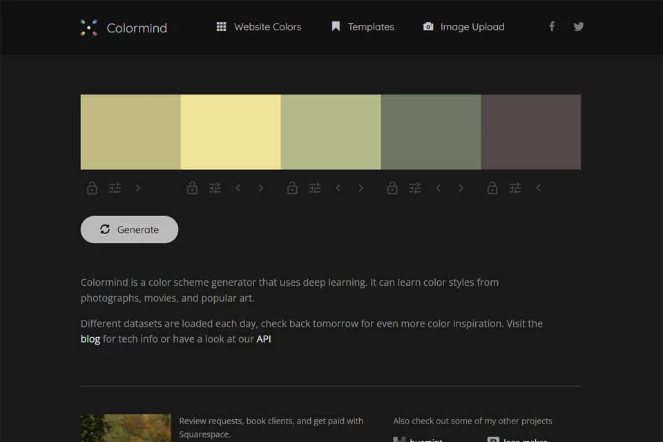 Colormind color palette generator showing a five-color palette and web preview
