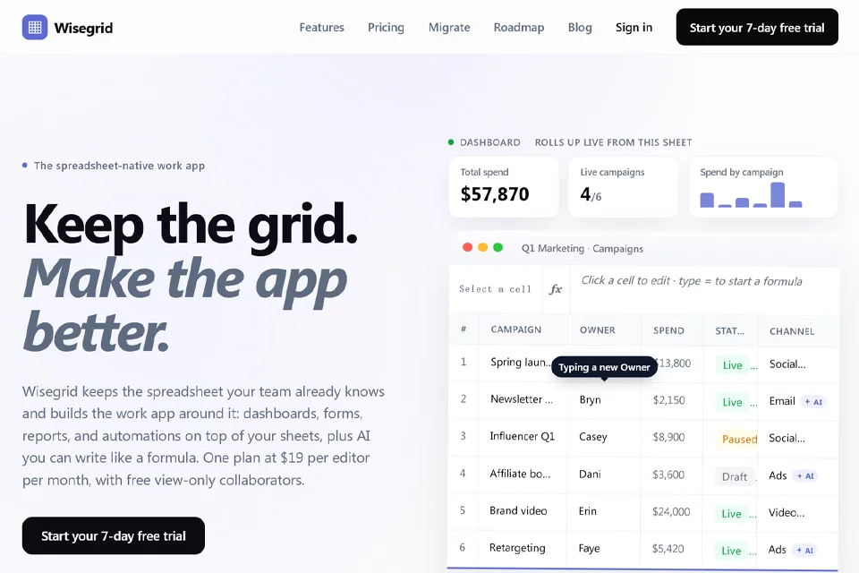 غلاف تطبيق Wisegrid الأصلي لإدارة العمل بالجداول الإلكترونية